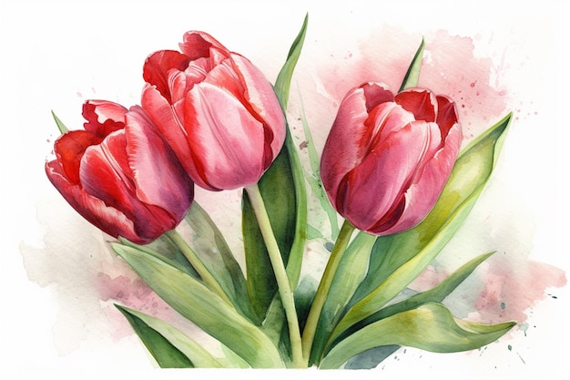 Une peinture de trois tulipes sur fond rose.