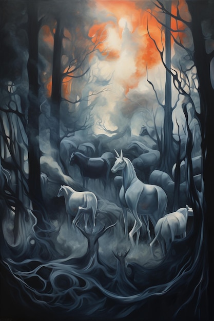 d'une peinture d'un troupeau de cerfs dans une forêt générative ai