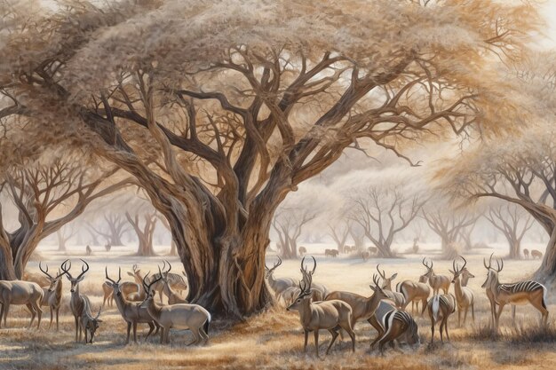 Une peinture d'un troupeau de gazelle sous un arbre