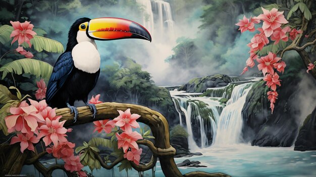 Une peinture d'un tucan assis sur une branche