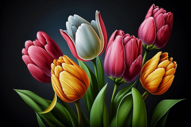 Une peinture de tulipes colorées sur un fond sombre.