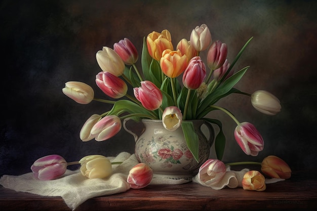 Une peinture de tulipes dans un vase avec un chiffon blanc.