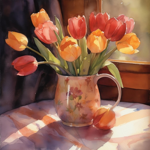 Une peinture de tulipes dans un vase sur une table.