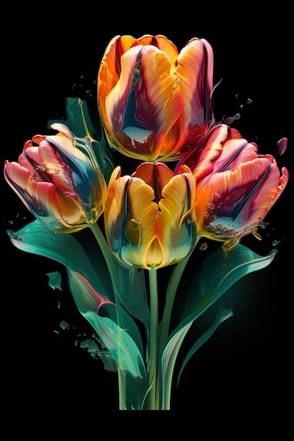 Une peinture de tulipes sur fond noir