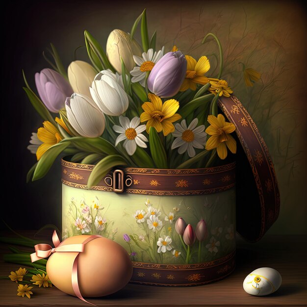 Une peinture de tulipes et un œuf avec un œuf jaune sur la table.