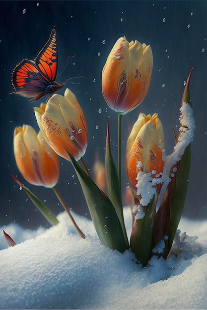 Peinture de tulipes et d'un papillon dans la neige ai générative