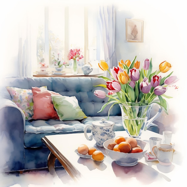 une peinture de tulipes et un vase de tulipes