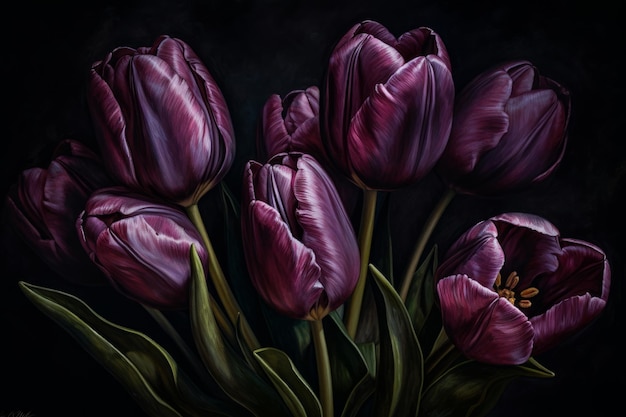 Une peinture de tulipes violettes avec des feuilles vertes.