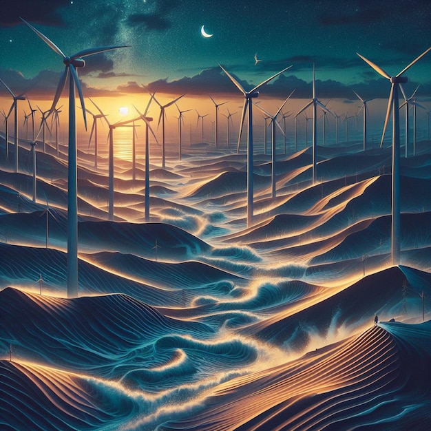 une peinture de turbines éoliennes au coucher du soleil avec la lune en arrière-plan