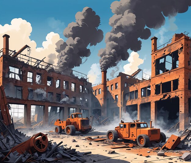 une peinture d'une usine avec un grand tas de décombres