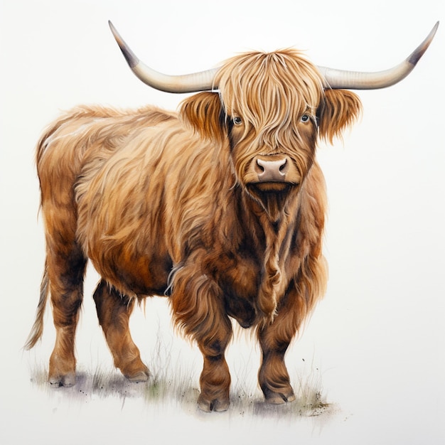 peinture d'une vache aux cheveux longs avec des cornes debout dans un champ génératif ai