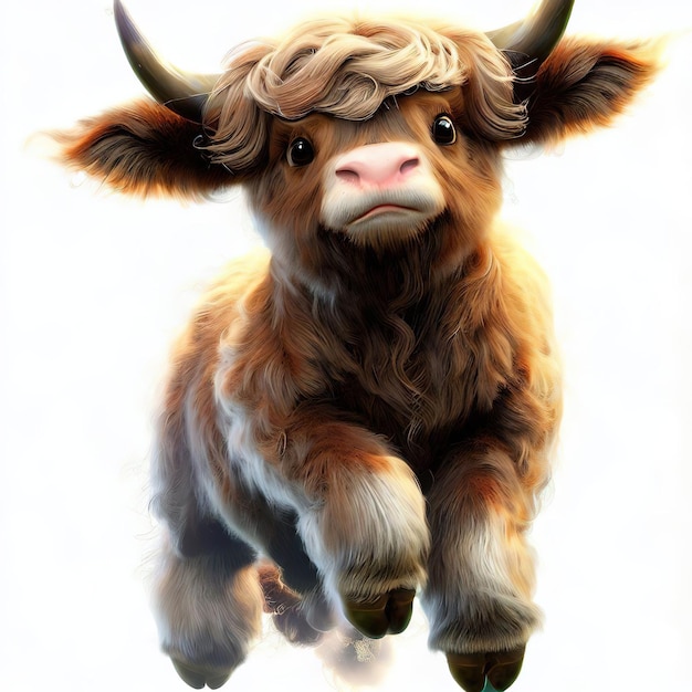 Une peinture d'une vache avec des cornes et des cheveux bouclés.