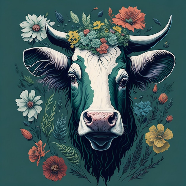 Une peinture d'une vache avec une couronne de fleurs dessus.