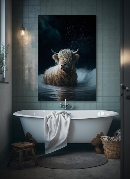 Une peinture d'une vache dans une baignoire avec une serviette blanche accrochée au mur.