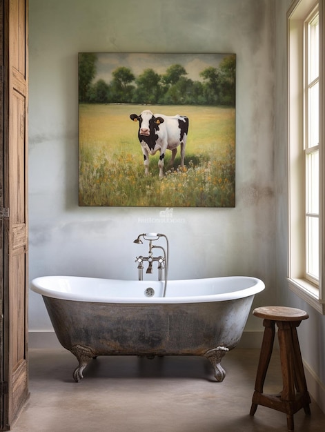 Une peinture d'une vache est accrochée au-dessus d'une baignoire.