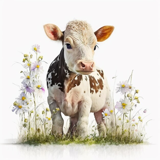 Une peinture d'une vache avec des fleurs dessus