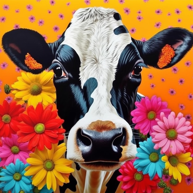 peinture d'une vache avec des fleurs devant elle IA générative