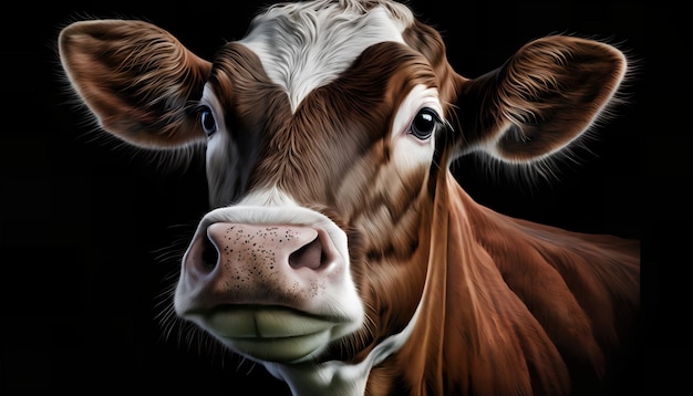 Une peinture d'une vache avec un fond noir et le mot vache dessus.