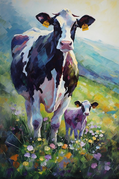 Une peinture d'une vache et d'un veau dans un champ