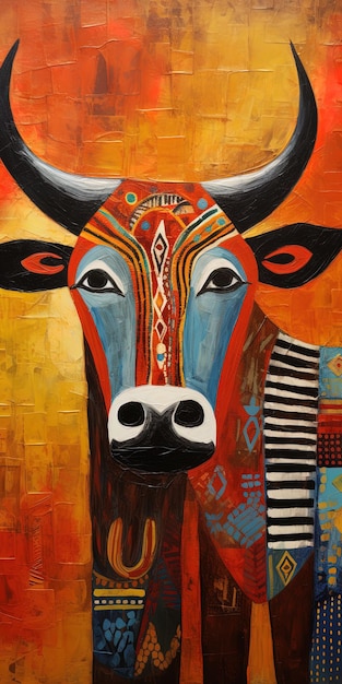 une peinture d'une vache avec un visage coloré et un grand nez noir