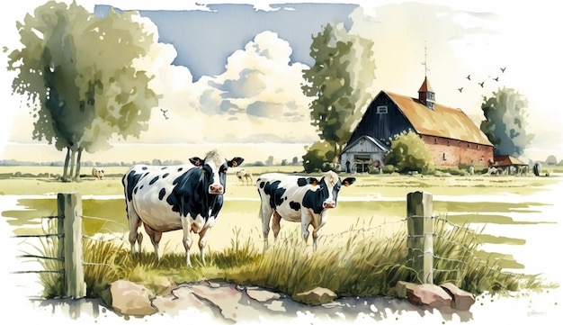 Une peinture de vaches devant une grange