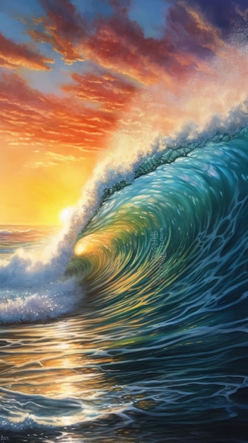 Photo une peinture d'une vague avec le coucher du soleil derrière elle