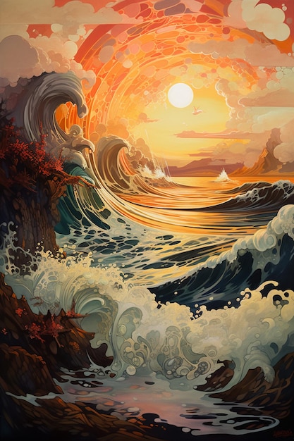 Une peinture d'une vague avec le coucher du soleil derrière elle