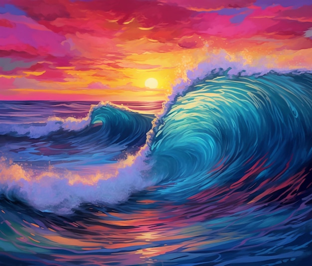 Une peinture d'une vague avec le coucher du soleil derrière elle