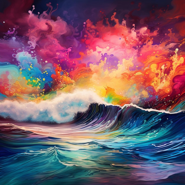peinture d'une vague dans l'océan avec un ciel coloré génératif ai