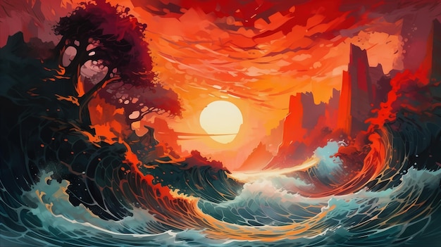 Une peinture d'une vague devant un coucher de soleil