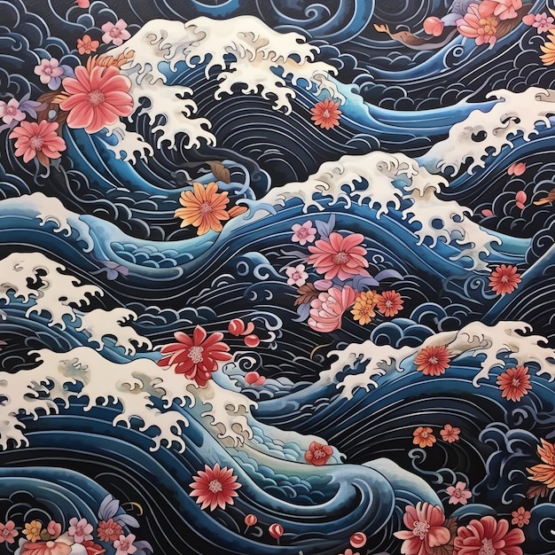 Une peinture d'une vague avec des fleurs dessus