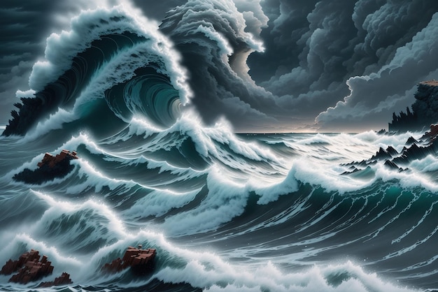 Une peinture d'une vague avec un homme au milieu