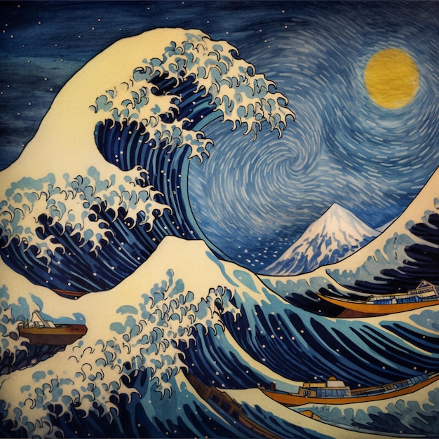 Une peinture d'une vague avec la lune en arrière-plan