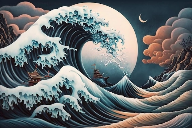 Une peinture d'une vague avec une lune sur le dessus