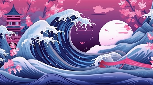 Une peinture d'une vague avec une lune rose en arrière-plan.