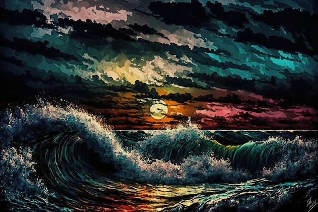 Une peinture d'une vague et de la lune