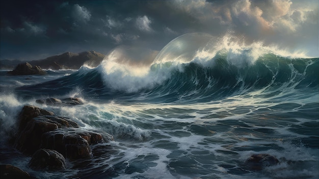 Une peinture d'une vague avec le mot océan dessus