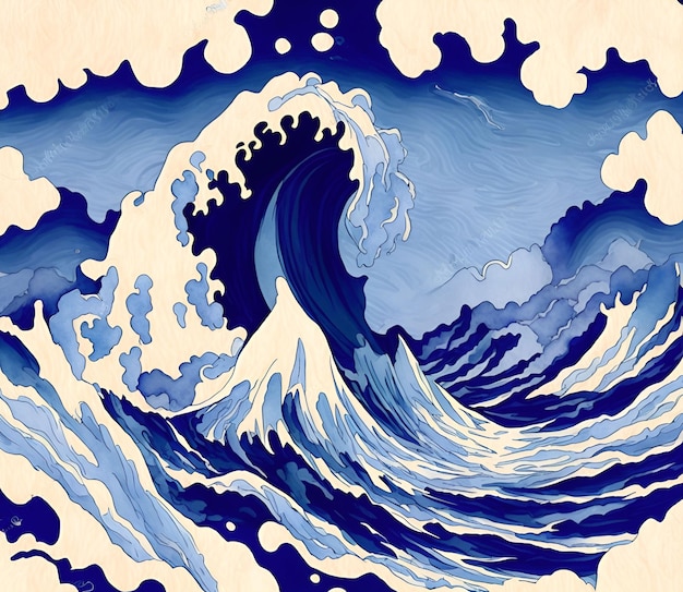 Une peinture d'une vague avec les mots " vague " dessus.