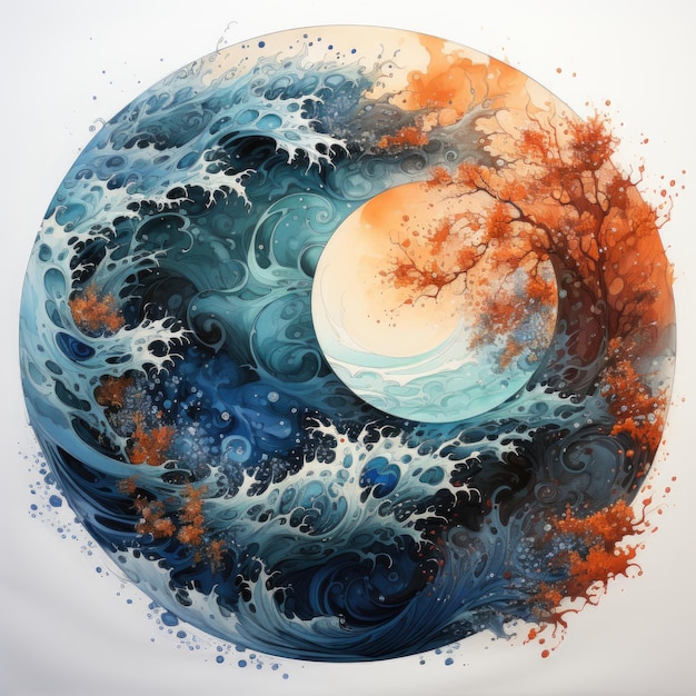 Une peinture d'une vague orange et bleue