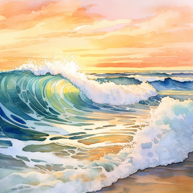 Peinture d'une vague qui se brise sur la plage au coucher du soleil