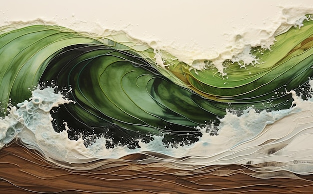 peinture d'une vague se brisant sur une plage avec un fond vert et blanc ai générative