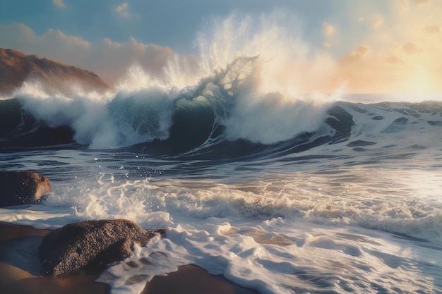 Une peinture d'une vague se brisant sur une plage