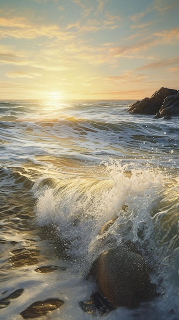 Une peinture d'une vague se brisant sur un rivage rocheux.