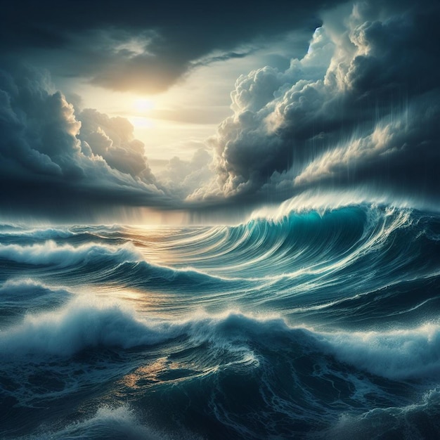 une peinture d'une vague avec le soleil brillant à travers les nuages