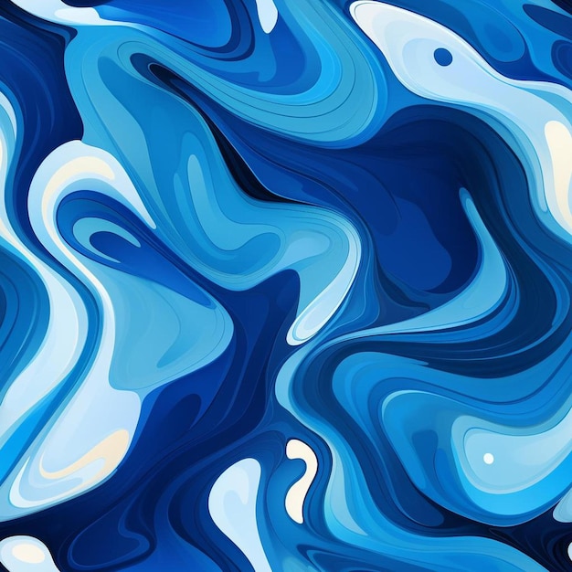 Une peinture de vagues bleues et blanches sur un fond bleu.