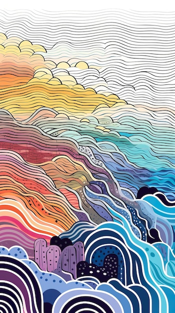 Une peinture de vagues et de montagnes avec un coucher de soleil en arrière-plan Image AI générative