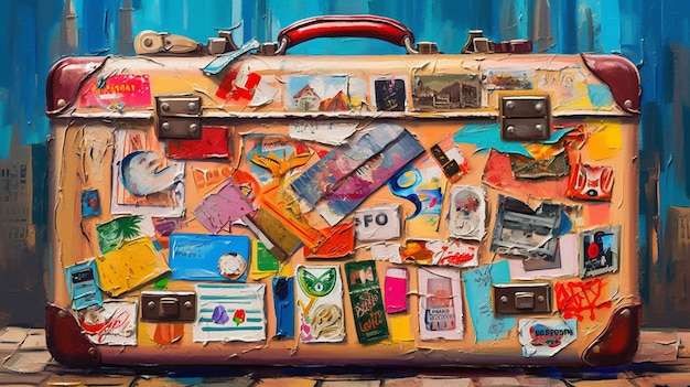 Photo peinture d'une valise avec de nombreuses images différentes sur elle générative ai