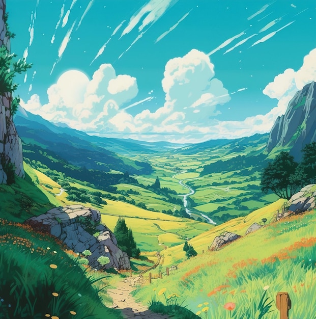 Une peinture d'une vallée avec une montagne en arrière-plan