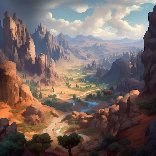 Une peinture d'une vallée traversée par une rivière.