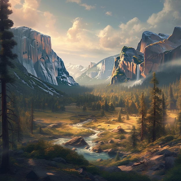 Une peinture de la vallée de Yosemite avec des montagnes en arrière-plan.